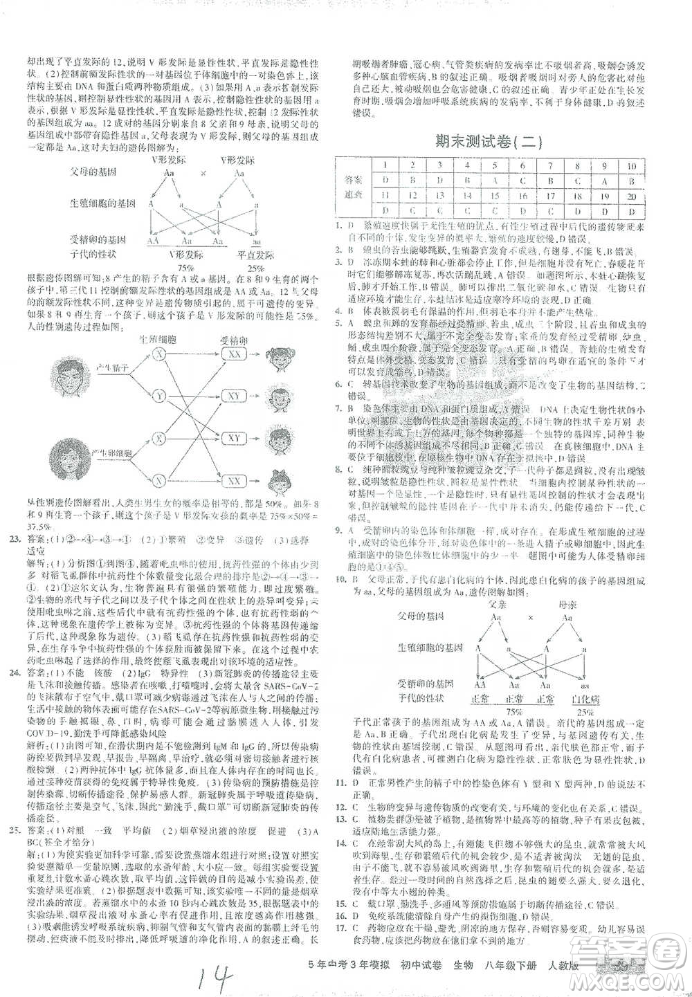 教育科學出版社2021年5年中考3年模擬初中試卷生物八年級下冊人教版參考答案