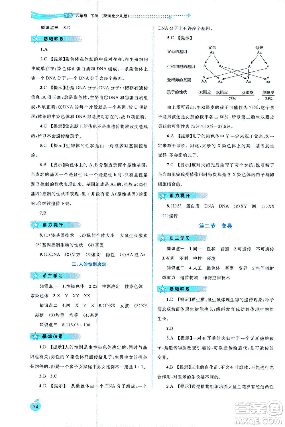 廣西教育出版社2021新課程學(xué)習(xí)與測評同步學(xué)習(xí)生物八年級下冊河北少兒版答案