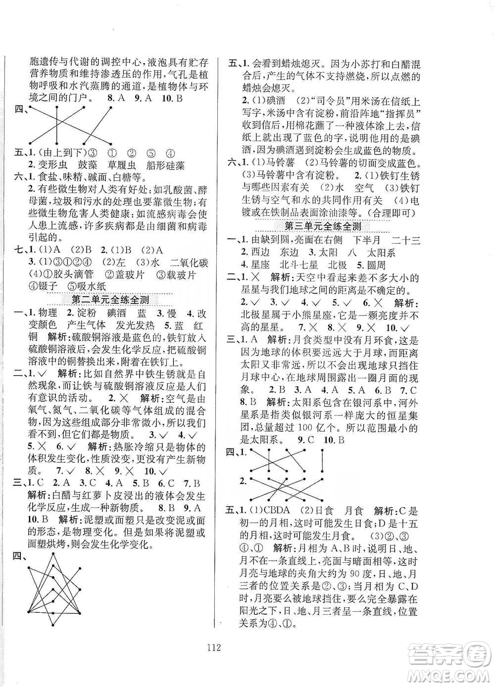 陜西人民教育出版社2021小學教材全練六年級下冊科學教科版參考答案