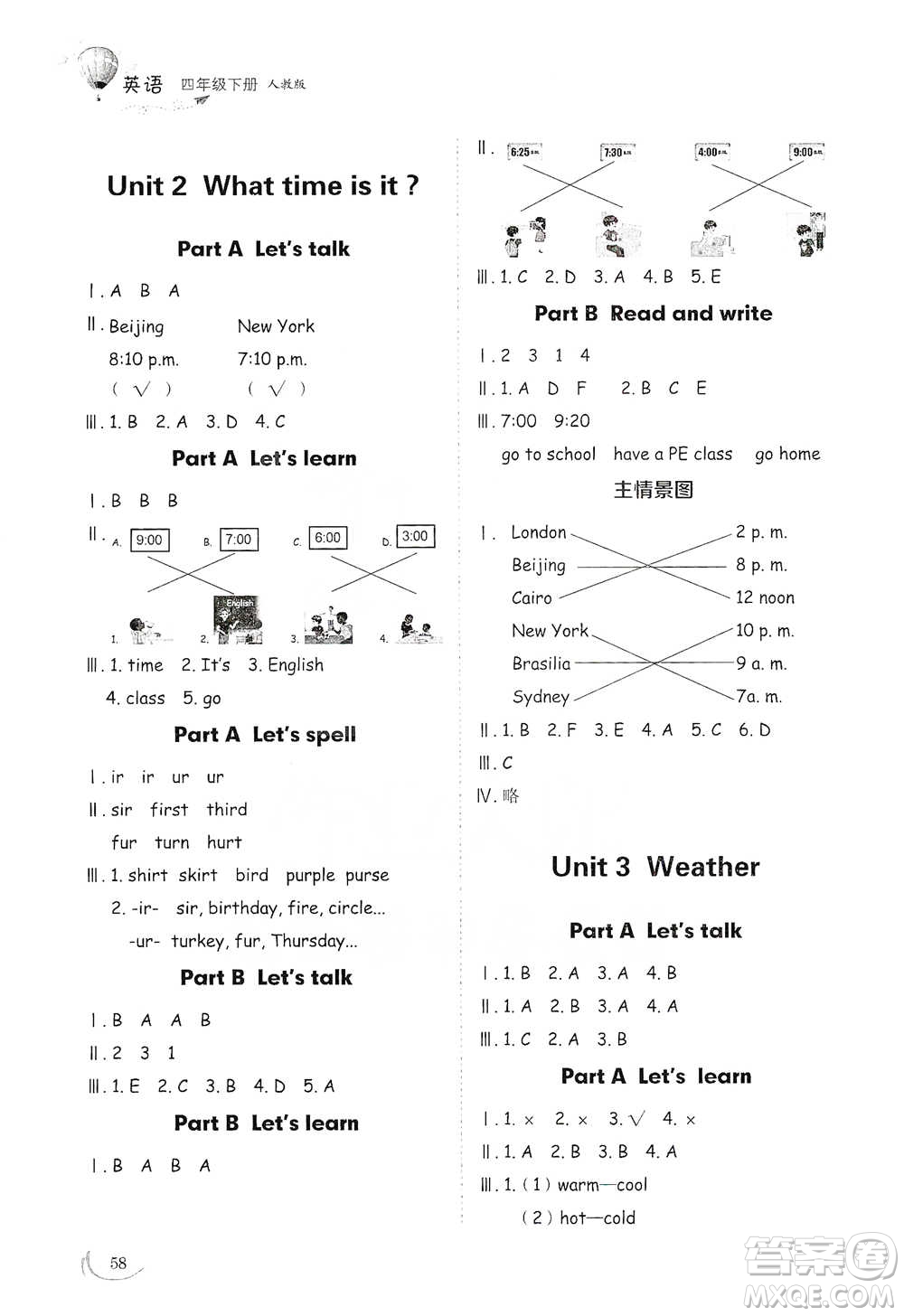 山東教育出版社2021小學(xué)同步練習(xí)冊(cè)英語(yǔ)四年級(jí)下冊(cè)人教版參考答案