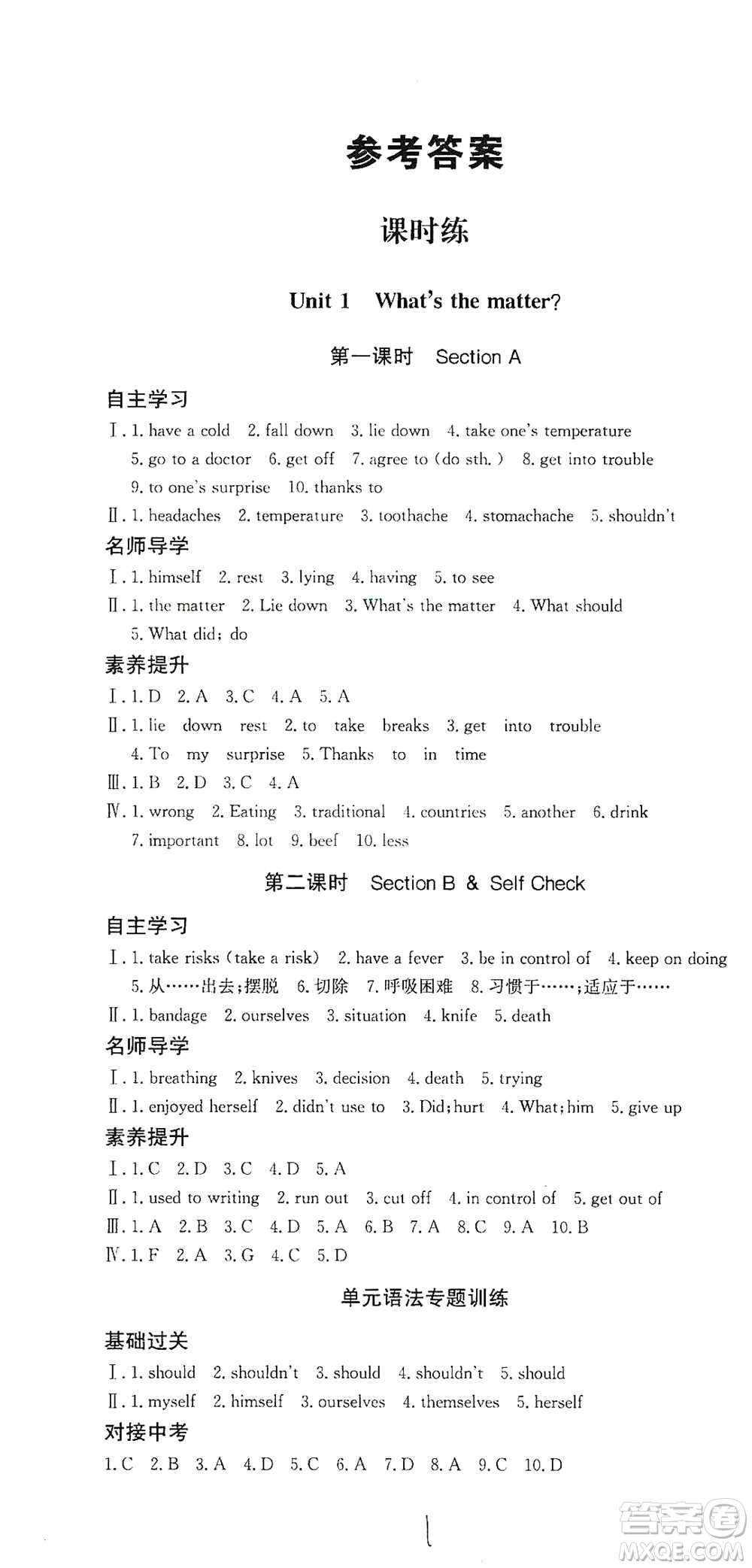 陜西人民出版社2021實驗教材新學案英語八年級下冊人教版參考答案