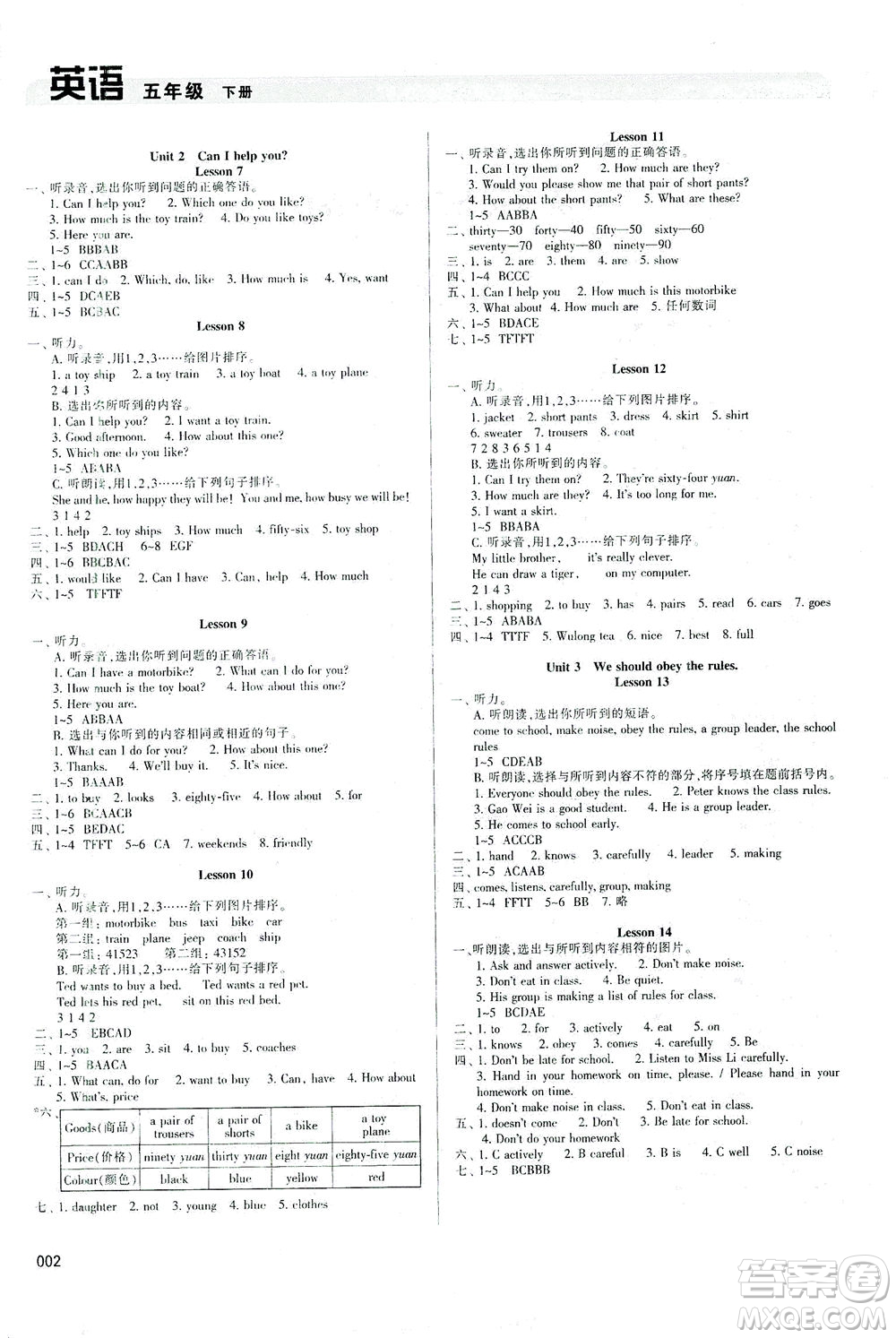 天津教育出版社2021學(xué)習(xí)質(zhì)量監(jiān)測英語五年級下冊人教版答案