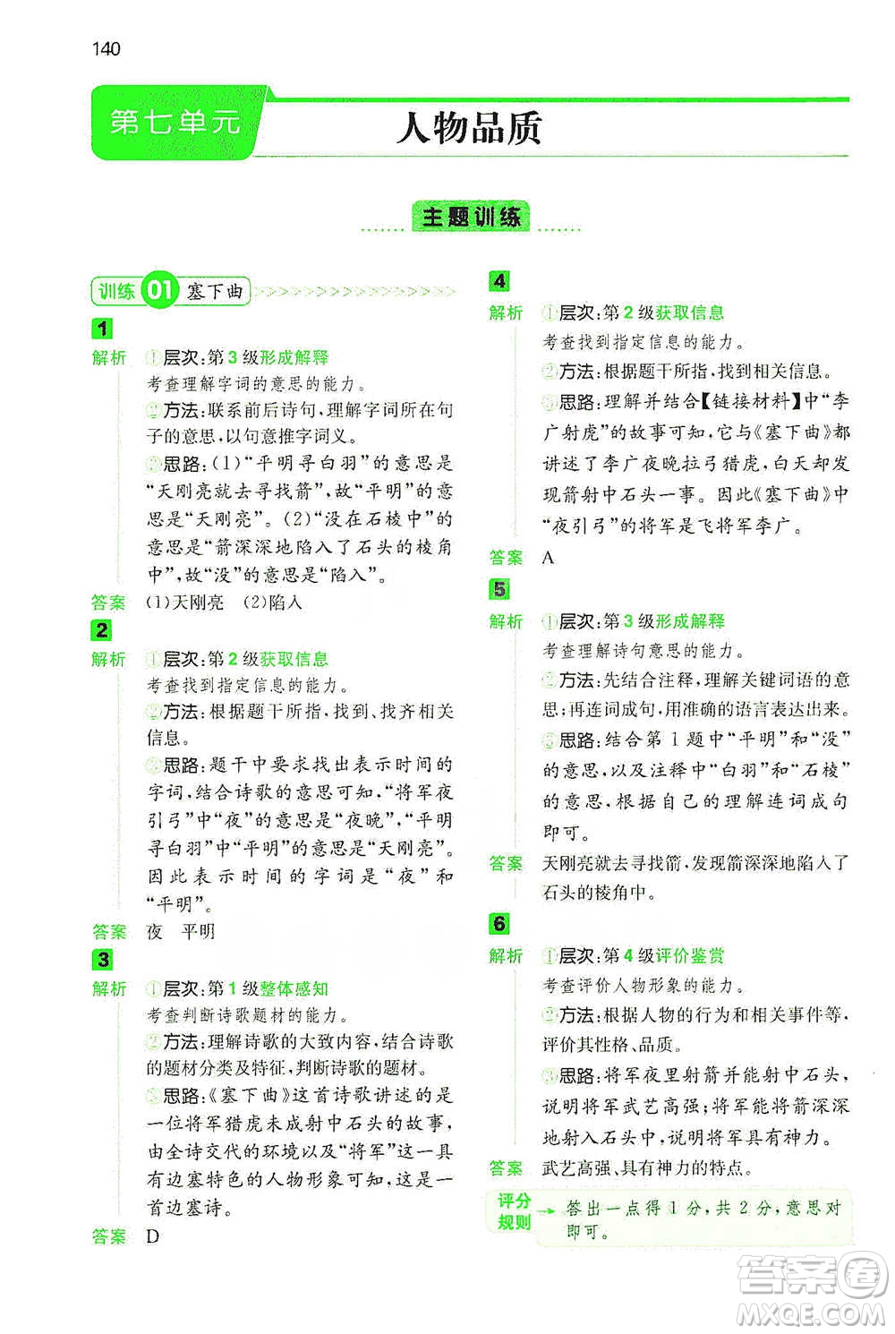 江西人民出版社2021年一本閱讀能力訓(xùn)練100分小學(xué)語文四年級(jí)B版通用版參考答案