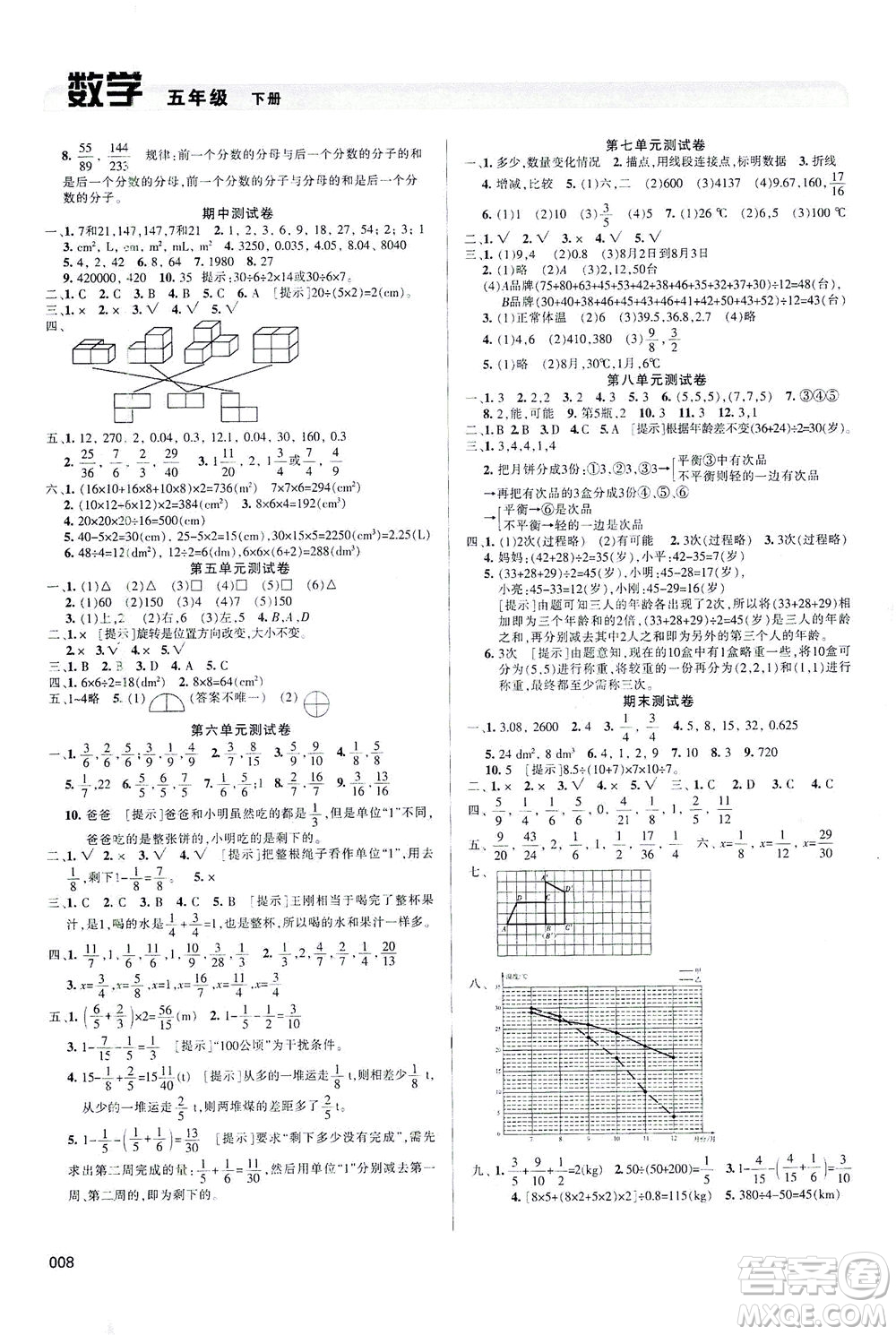 天津教育出版社2021學(xué)習(xí)質(zhì)量監(jiān)測數(shù)學(xué)五年級下冊人教版答案