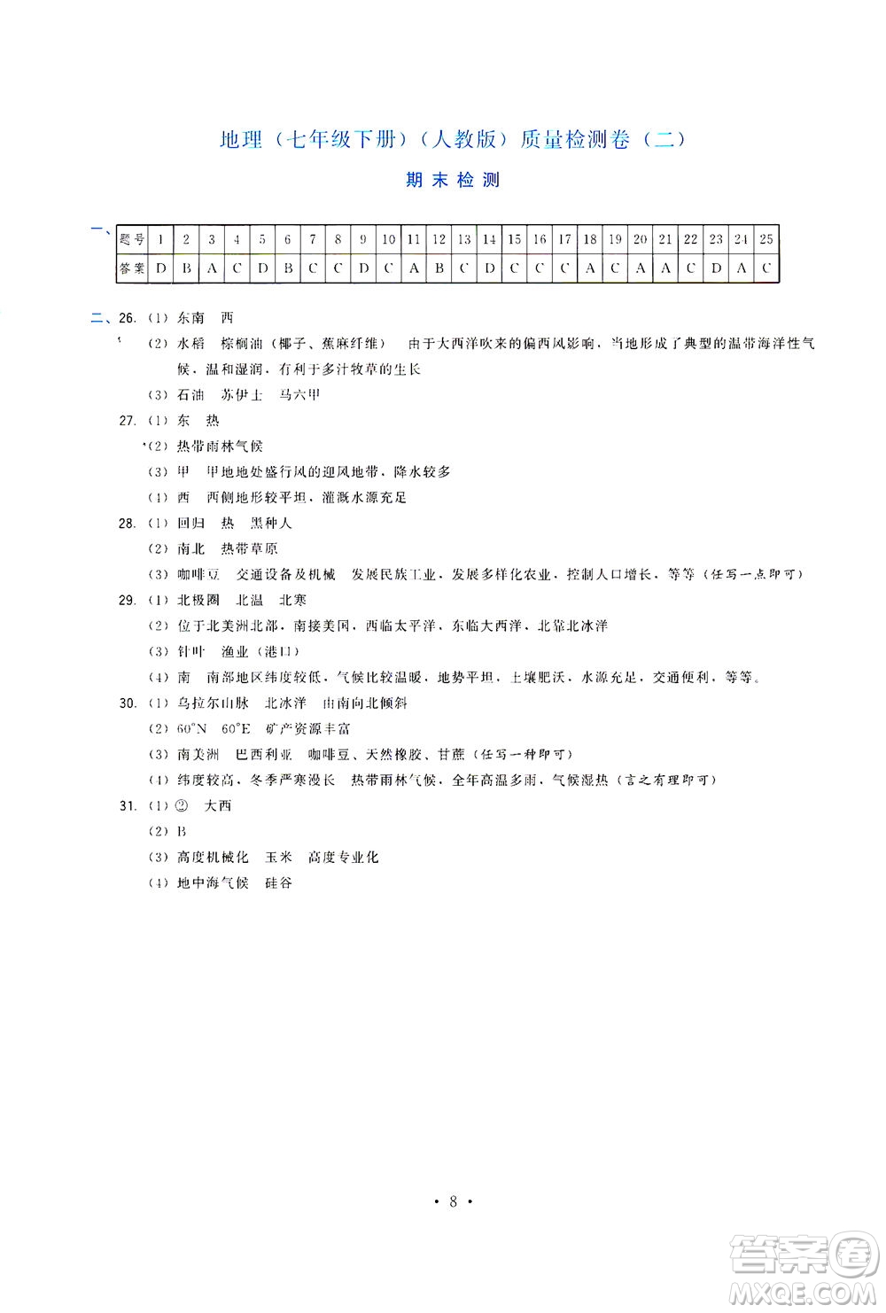 福建人民出版社2021頂尖課課練七年級(jí)地理下冊(cè)人教版答案