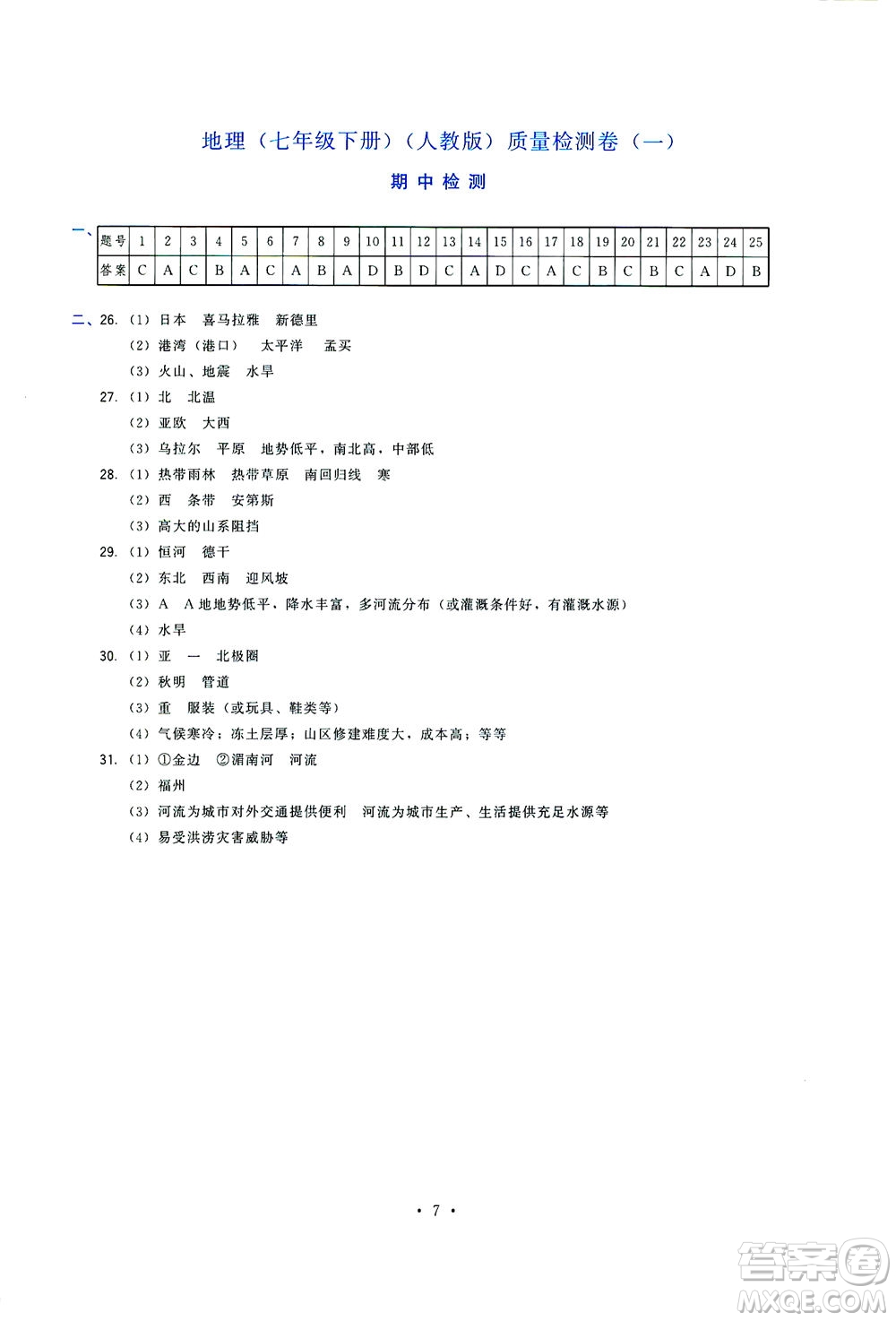 福建人民出版社2021頂尖課課練七年級(jí)地理下冊(cè)人教版答案