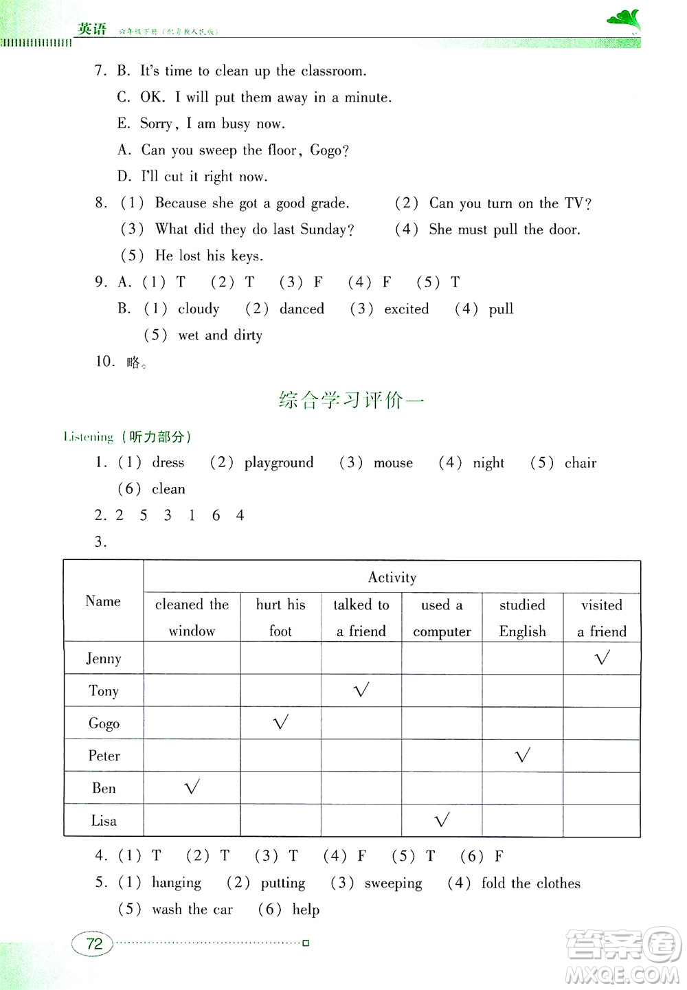 廣東教育出版社2021南方新課堂金牌學(xué)案英語六年級下冊粵教人民版答案