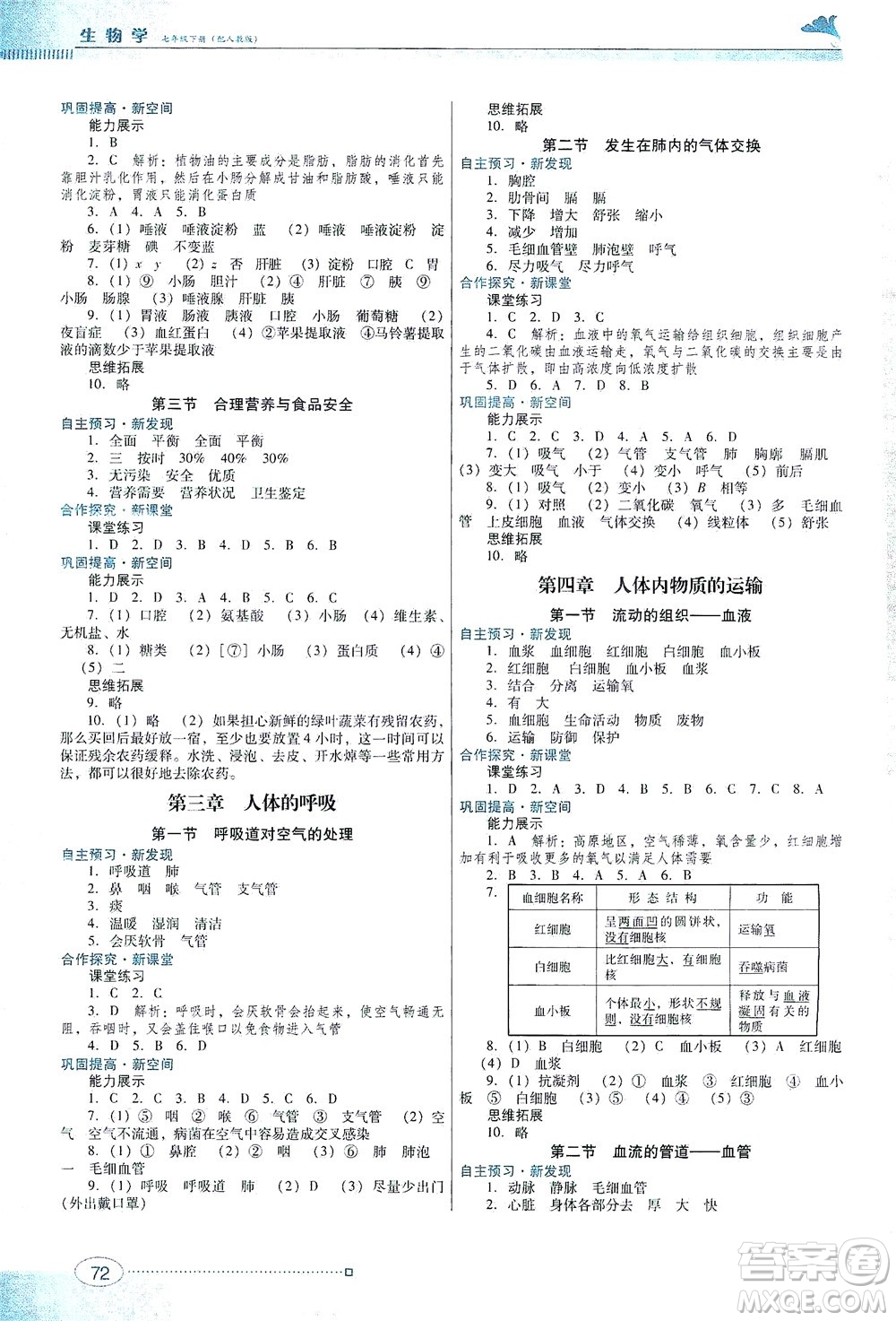 廣東教育出版社2021南方新課堂金牌學(xué)案生物學(xué)七年級(jí)下冊(cè)人教版答案