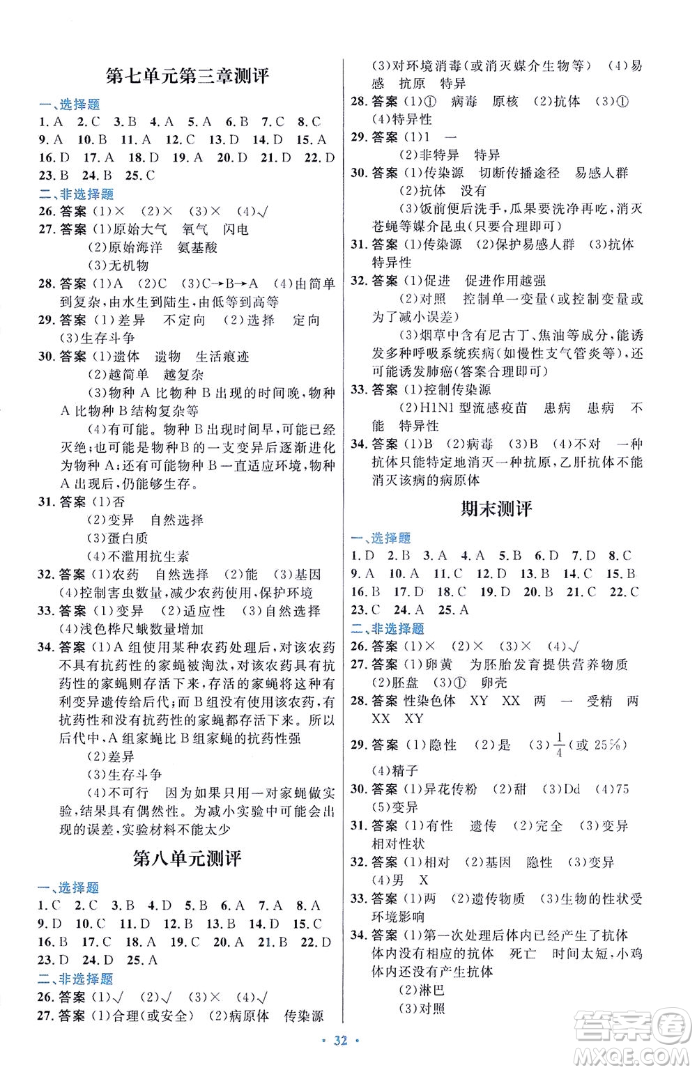 人民教育出版社2021初中同步測控優(yōu)化設(shè)計八年級生物下冊人教版福建專版答案