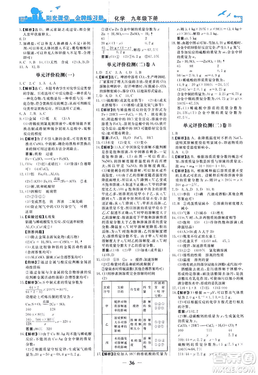 人民教育出版社2021陽(yáng)光課堂金牌練習(xí)冊(cè)化學(xué)九年級(jí)下冊(cè)人教版答案