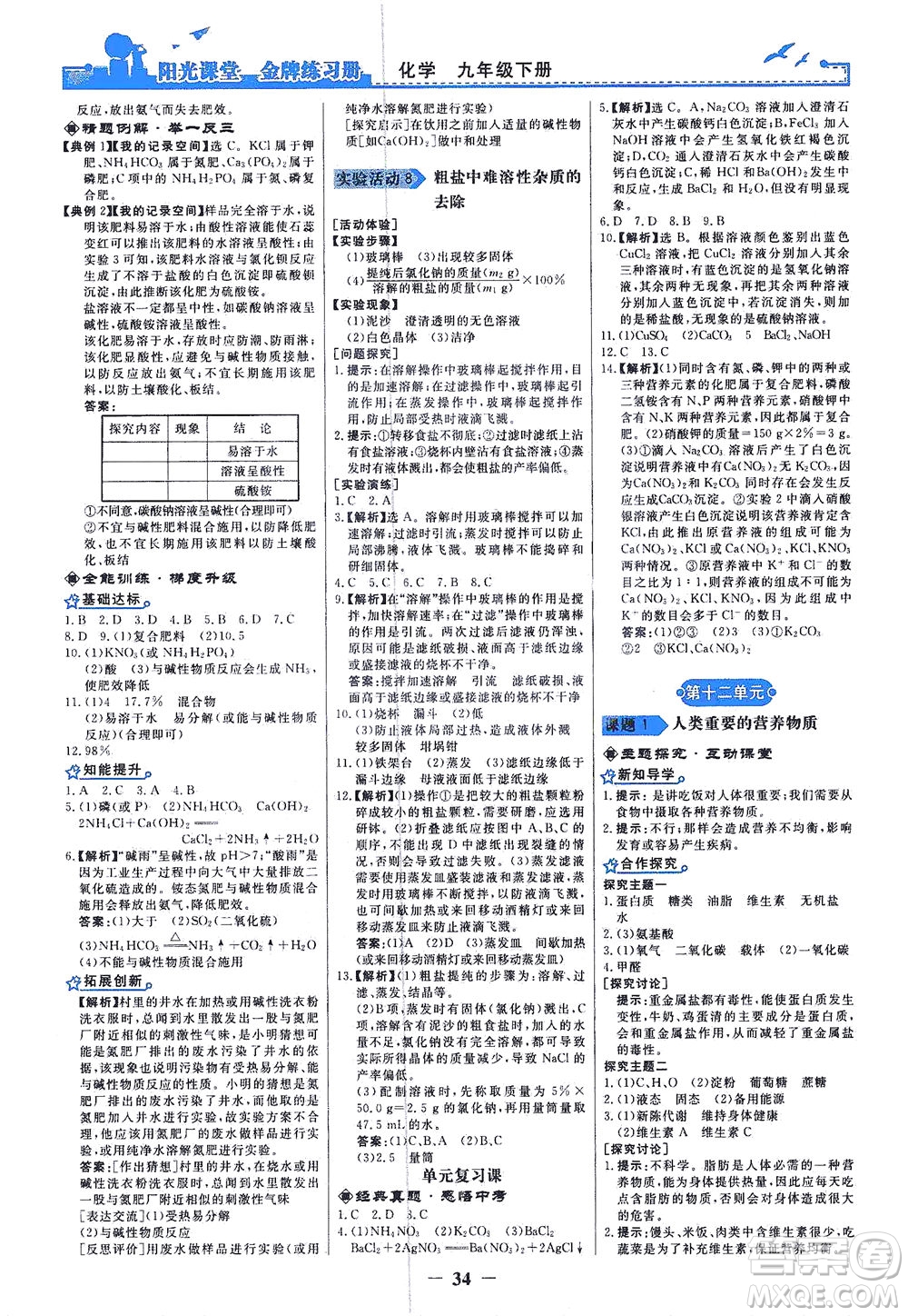 人民教育出版社2021陽(yáng)光課堂金牌練習(xí)冊(cè)化學(xué)九年級(jí)下冊(cè)人教版答案