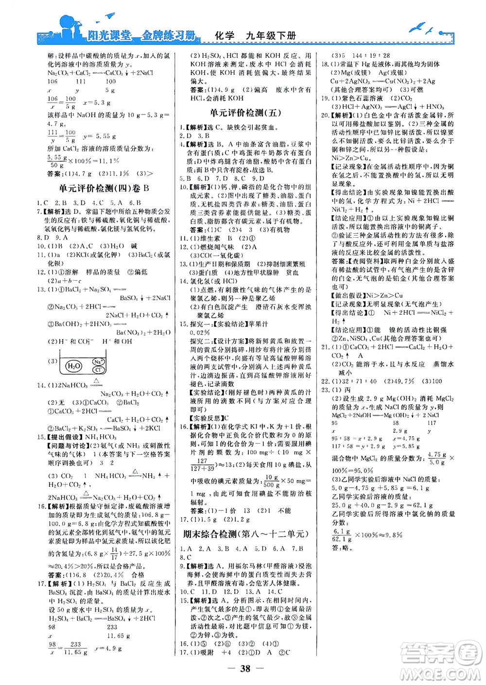 人民教育出版社2021陽(yáng)光課堂金牌練習(xí)冊(cè)化學(xué)九年級(jí)下冊(cè)人教版答案