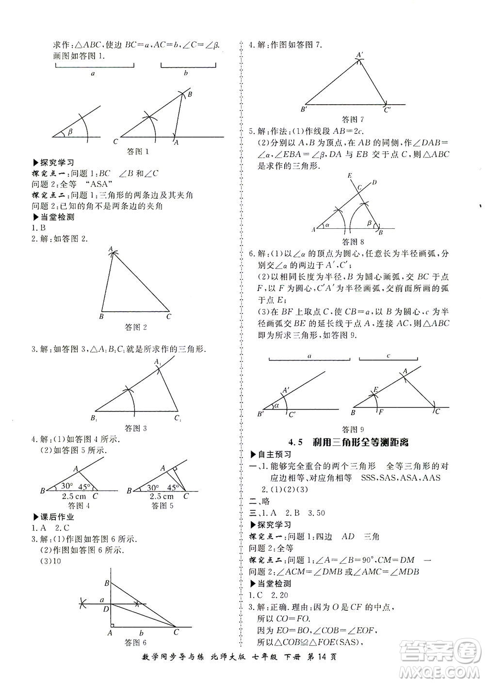 鄭州大學(xué)出版社2021新學(xué)案同步導(dǎo)與練七年級數(shù)學(xué)下冊北師大版答案