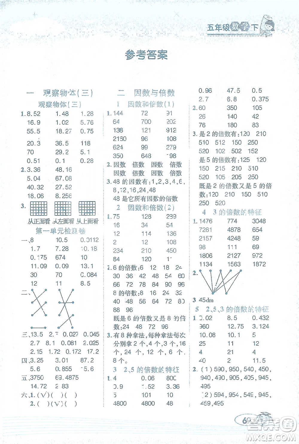 西安出版社2021幫你學(xué)口算題卡五年級(jí)下冊(cè)數(shù)學(xué)人教版參考答案