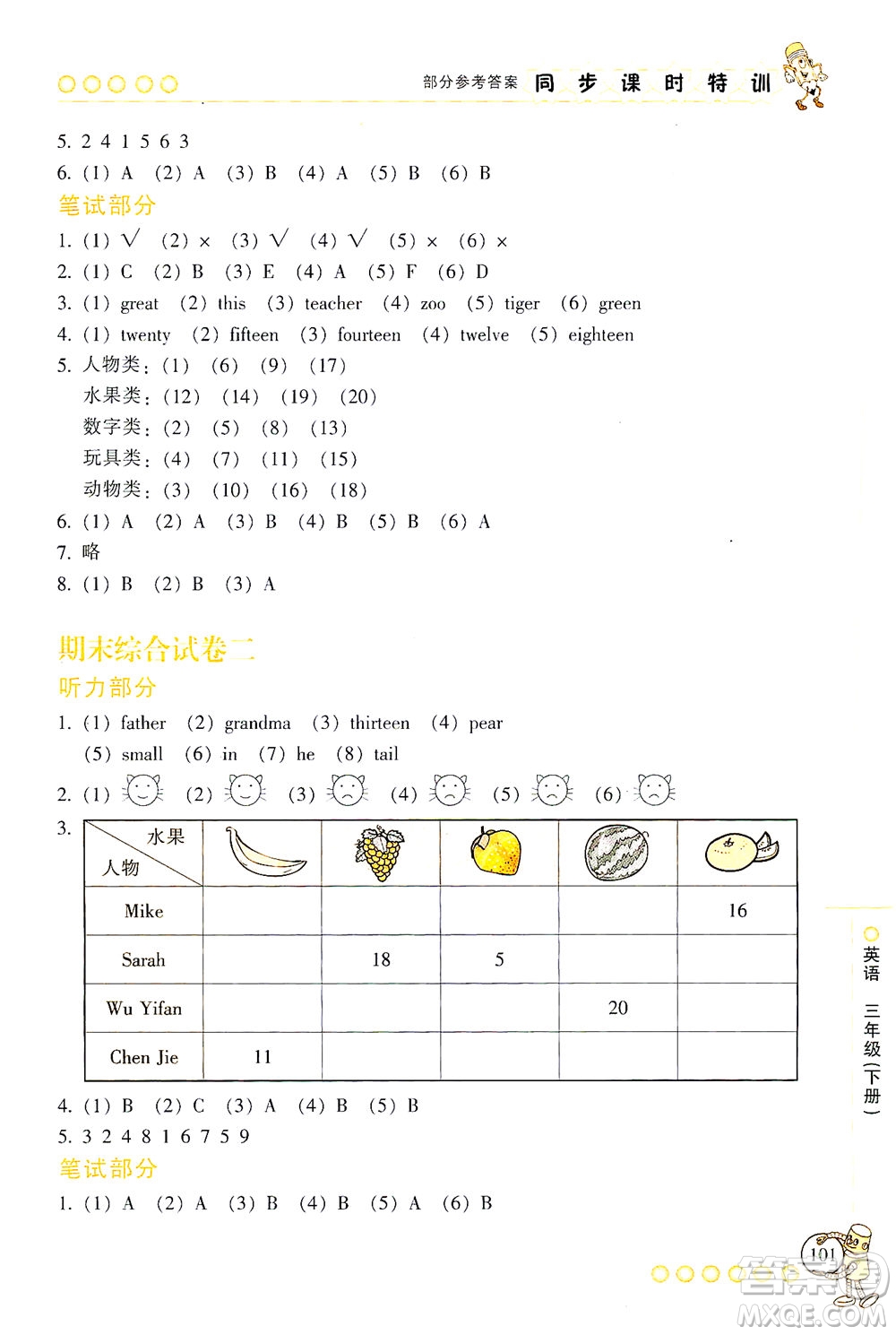 浙江少年兒童出版社2021同步課時特訓英語三年級下冊R人教版答案