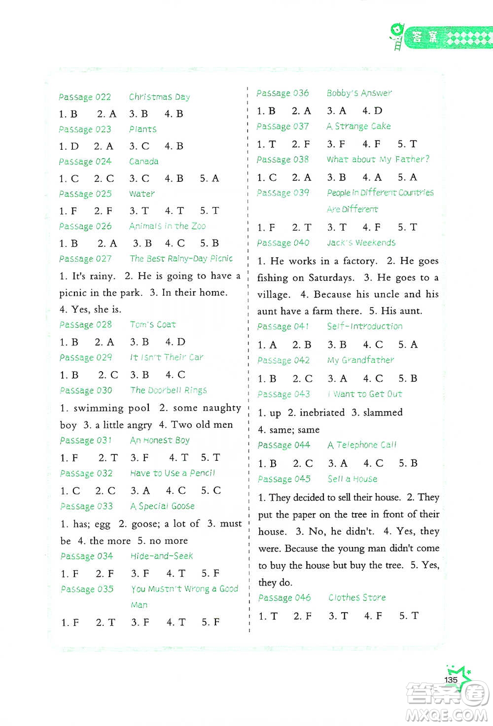 華中科技大學(xué)出版社2021小學(xué)英語(yǔ)閱讀理解100+8篇五年級(jí)通用版參考答案