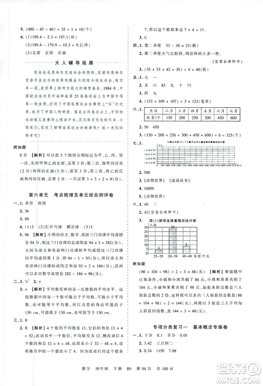 江西人民出版社2021春王朝霞考點梳理時習(xí)卷數(shù)學(xué)四年級下冊BS北師版答案