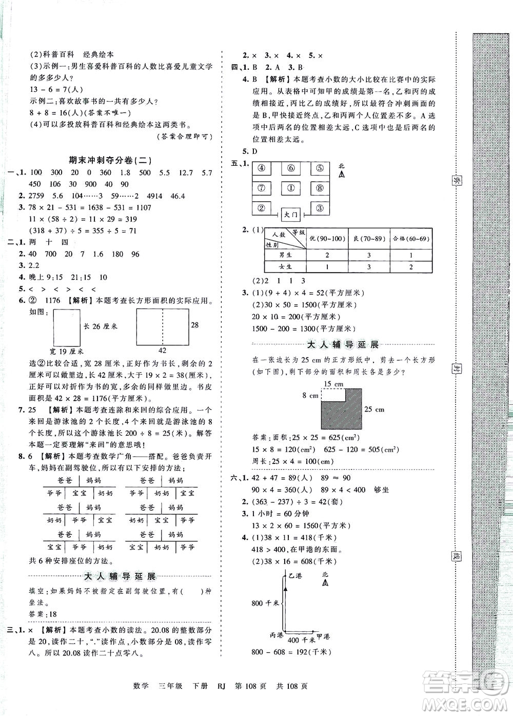 江西人民出版社2021春王朝霞考點(diǎn)梳理時(shí)習(xí)卷數(shù)學(xué)三年級下冊RJ人教版答案