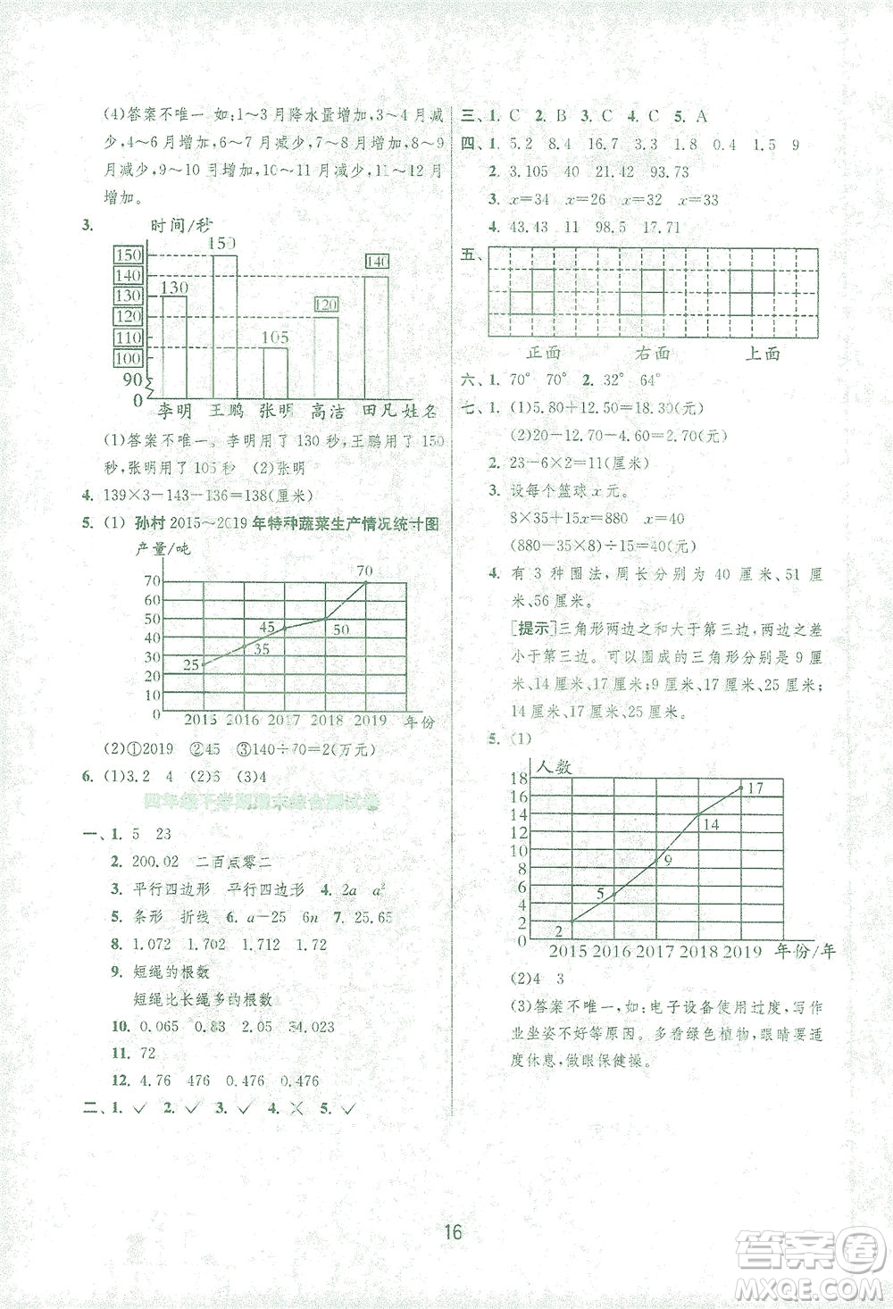 江蘇人民出版社2021實驗班提優(yōu)訓(xùn)練四年級數(shù)學(xué)下冊BSD北師大版答案