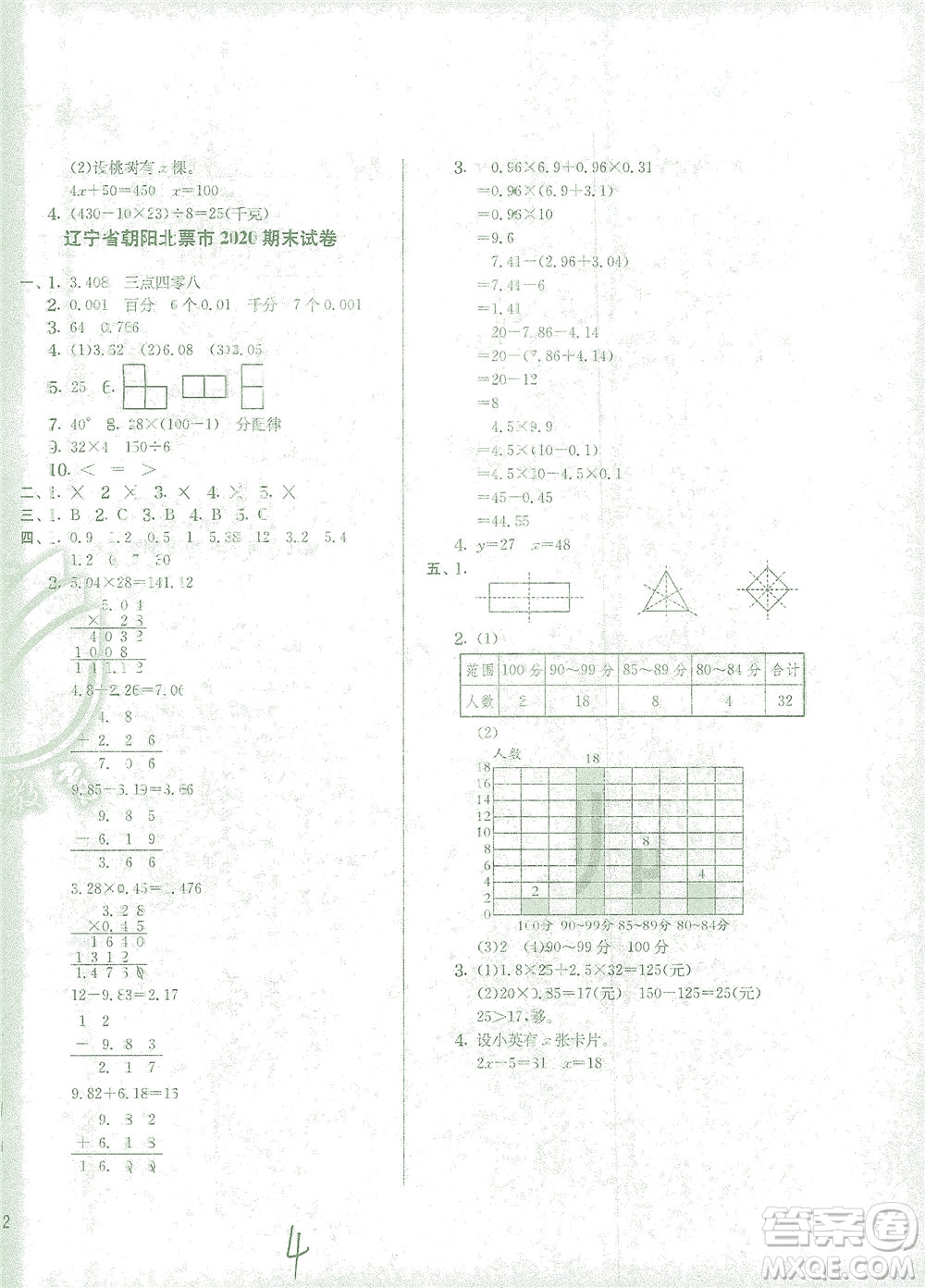 江蘇人民出版社2021實驗班提優(yōu)訓(xùn)練四年級數(shù)學(xué)下冊BSD北師大版答案