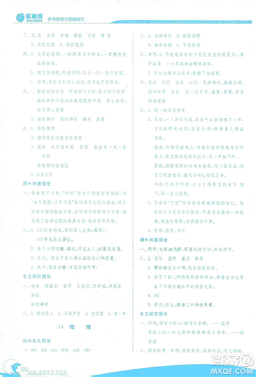 江蘇人民出版社2021實驗班提優(yōu)訓(xùn)練四年級語文下冊RMJY人教版答案