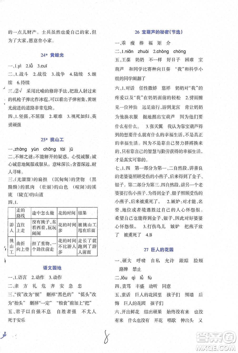 西南師范大學出版社2021小學語文同步練習四年級下冊人教版參考答案