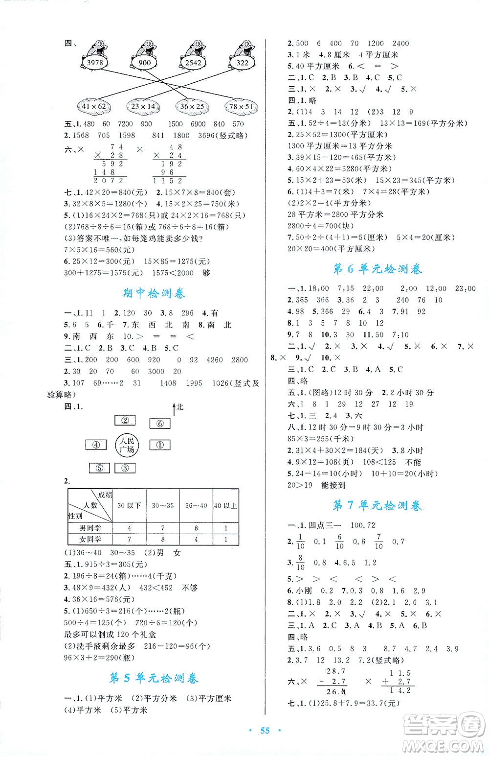 內(nèi)蒙古教育出版社2021學(xué)習(xí)目標(biāo)與檢測三年級(jí)數(shù)學(xué)下冊人教版答案