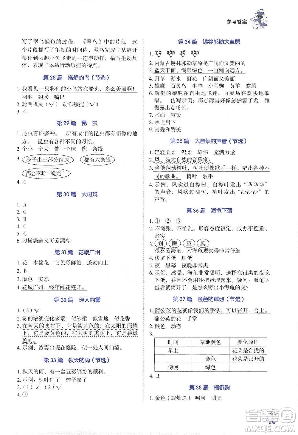 廣東經(jīng)濟出版社2021暢閱讀小學(xué)語文閱讀真題80篇浙江專版三年級參考答案