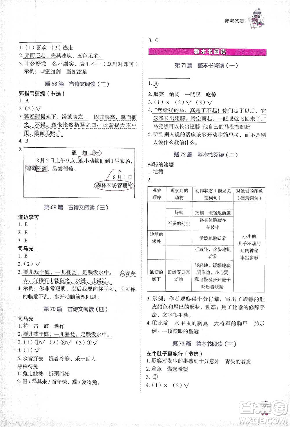 廣東經(jīng)濟出版社2021暢閱讀小學(xué)語文閱讀真題80篇浙江專版三年級參考答案