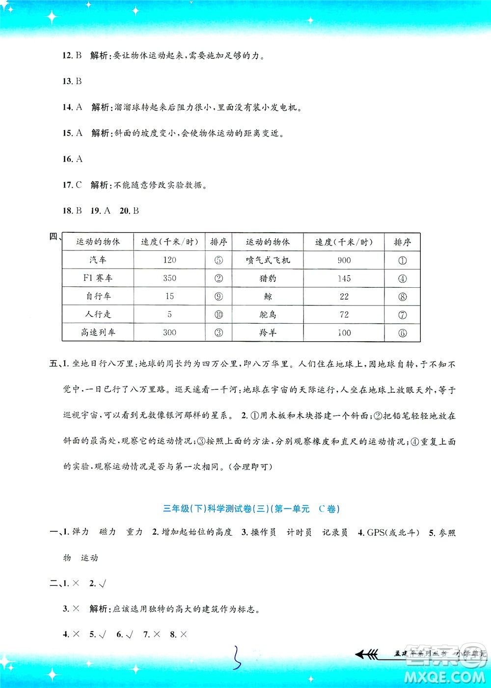 浙江工商大學(xué)出版社2021孟建平系列叢書小學(xué)單元測(cè)試科學(xué)三年級(jí)下J教科版答案