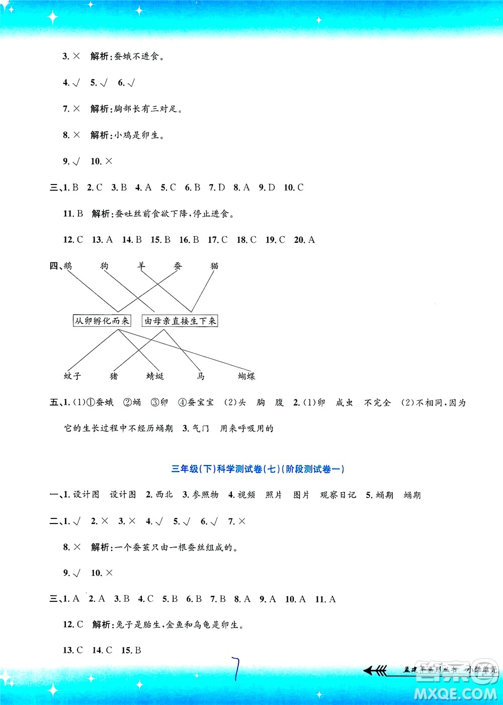 浙江工商大學(xué)出版社2021孟建平系列叢書小學(xué)單元測(cè)試科學(xué)三年級(jí)下J教科版答案