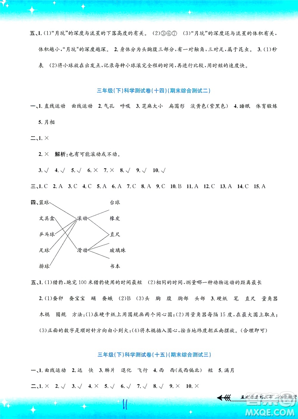 浙江工商大學(xué)出版社2021孟建平系列叢書小學(xué)單元測(cè)試科學(xué)三年級(jí)下J教科版答案