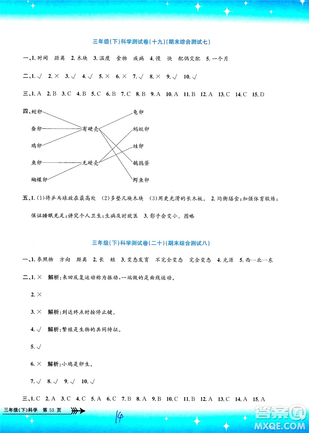 浙江工商大學(xué)出版社2021孟建平系列叢書小學(xué)單元測(cè)試科學(xué)三年級(jí)下J教科版答案