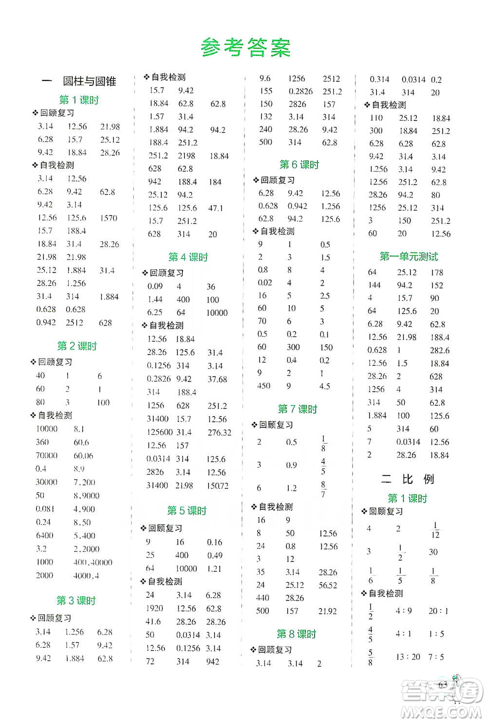 遼寧教育出版社2021小學(xué)學(xué)霸口算六年級(jí)下冊(cè)數(shù)學(xué)北師版參考答案