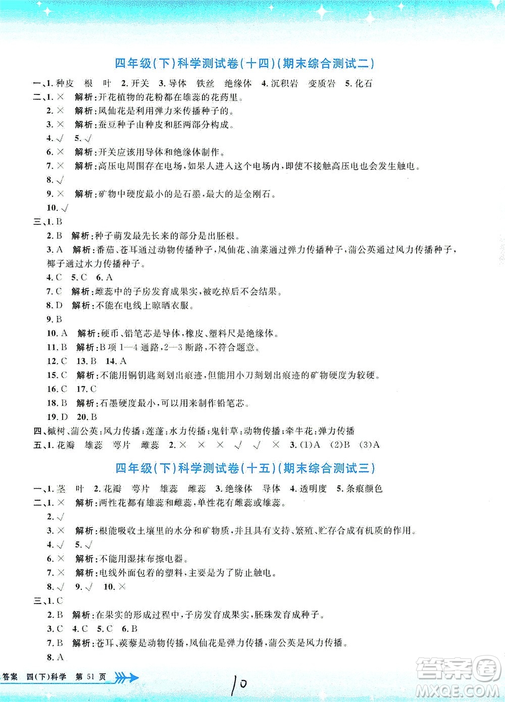 浙江工商大學(xué)出版社2021孟建平系列叢書小學(xué)單元測(cè)試科學(xué)四年級(jí)下J教科版答案