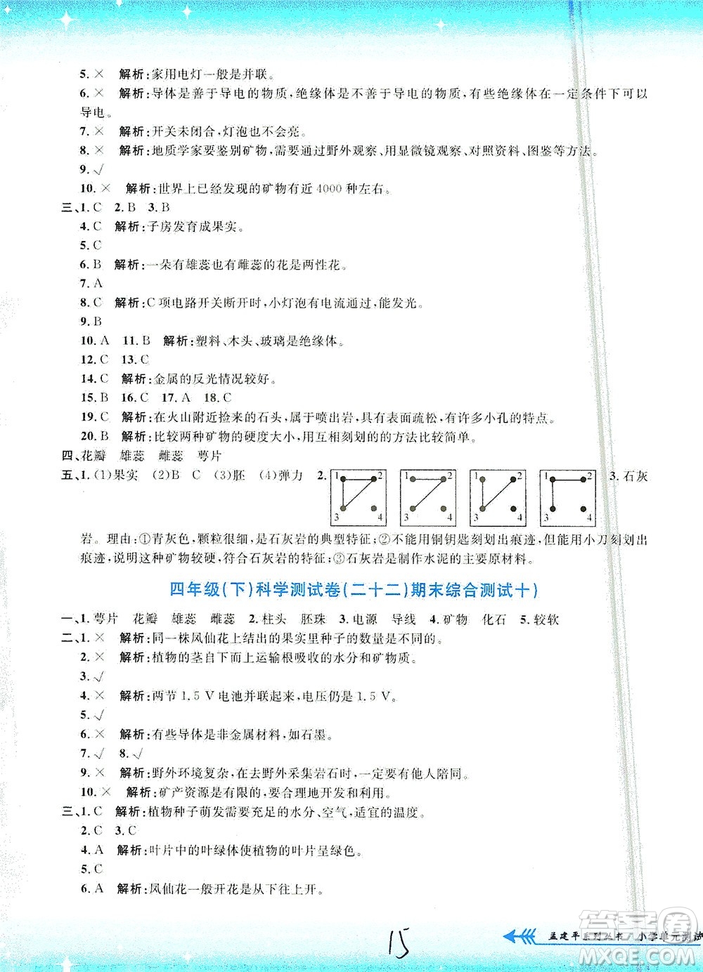 浙江工商大學(xué)出版社2021孟建平系列叢書小學(xué)單元測(cè)試科學(xué)四年級(jí)下J教科版答案