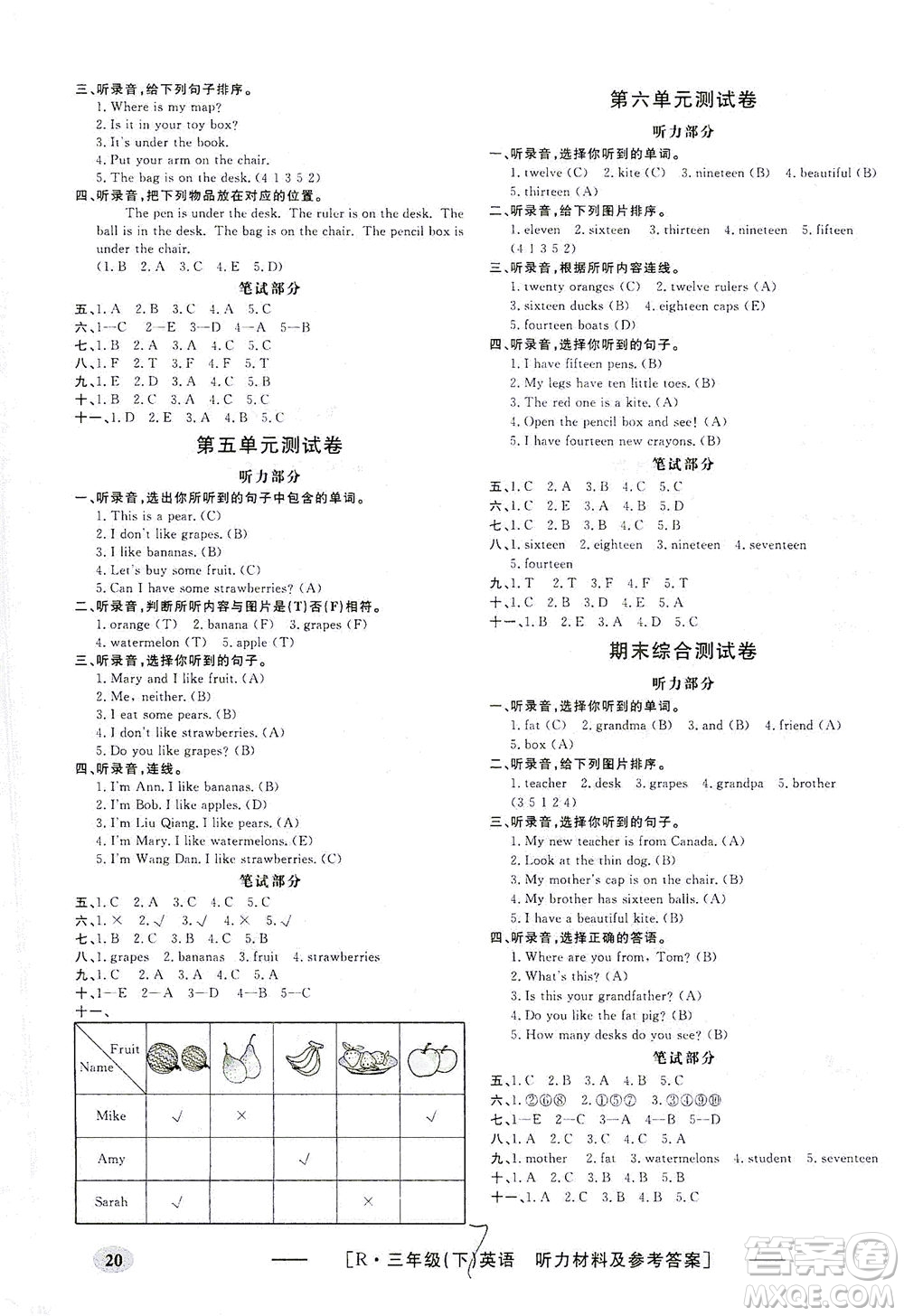 上海大學出版社2021非常1+1一課一練三年級英語下冊人教版答案