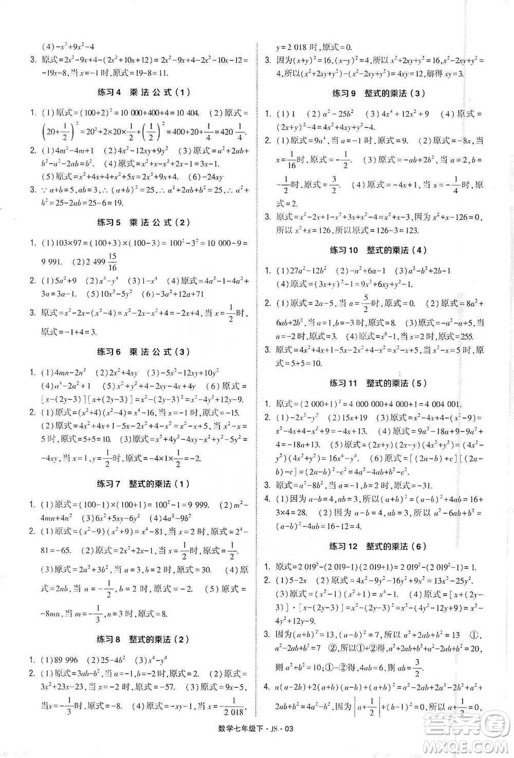 河海大學(xué)出版社2021經(jīng)綸學(xué)典計(jì)算達(dá)人七年級下冊數(shù)學(xué)江蘇版參考答案