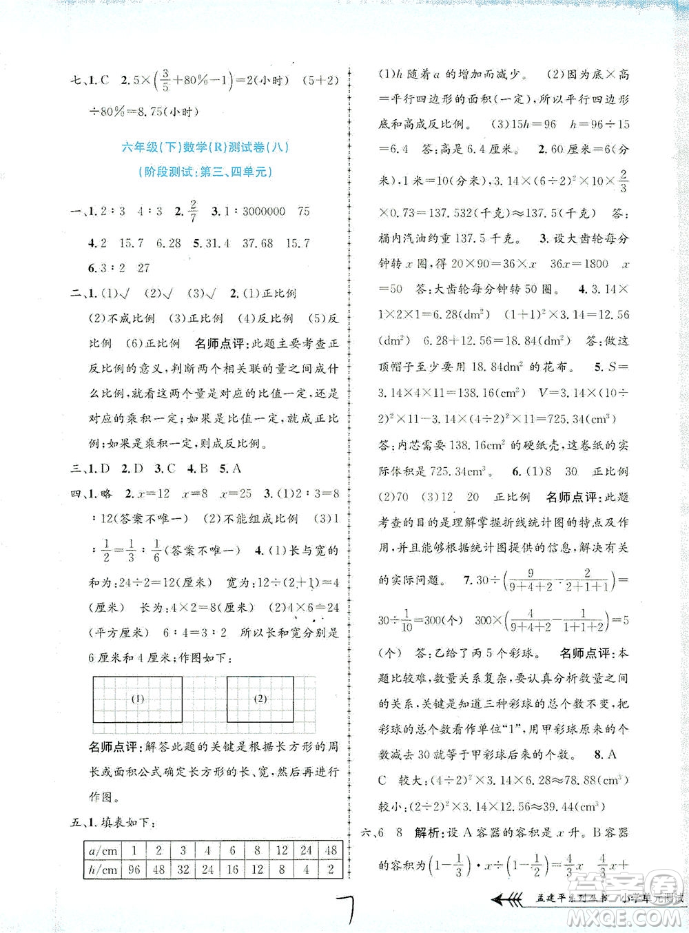 浙江工商大學(xué)出版社2021孟建平系列叢書(shū)小學(xué)單元測(cè)試數(shù)學(xué)六年級(jí)下R人教版答案