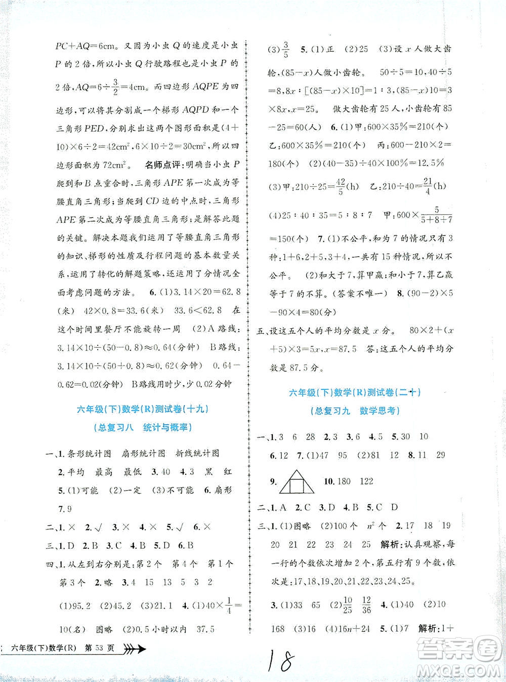 浙江工商大學(xué)出版社2021孟建平系列叢書(shū)小學(xué)單元測(cè)試數(shù)學(xué)六年級(jí)下R人教版答案