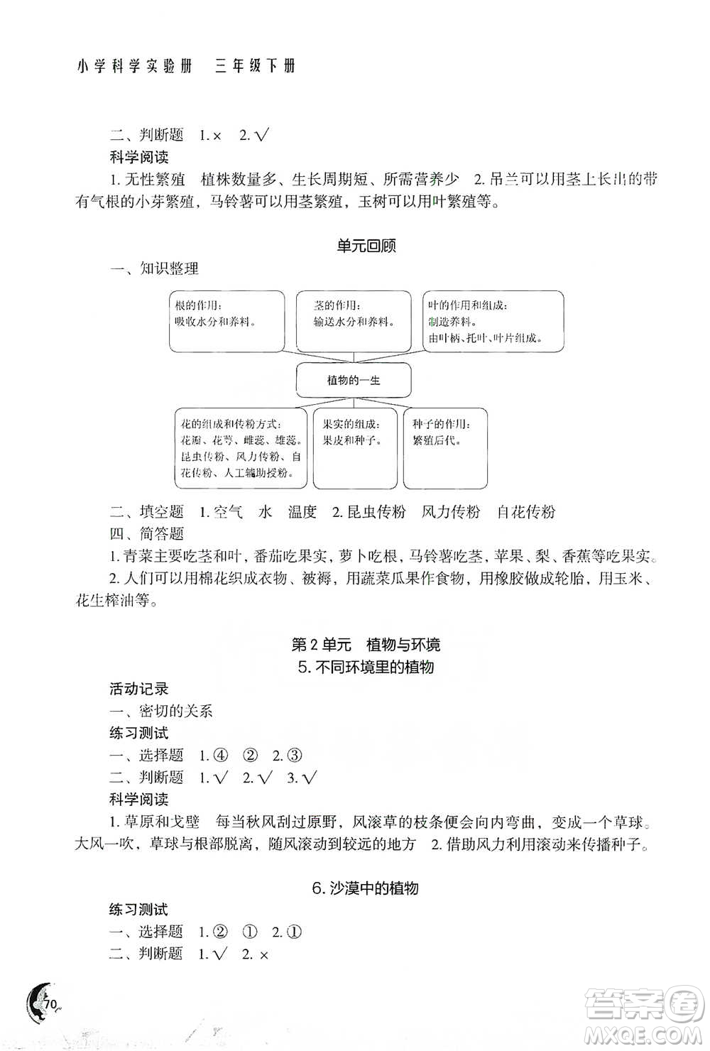 江蘇鳳凰教育出版社2021小學(xué)科學(xué)實驗冊三年級下冊參考答案