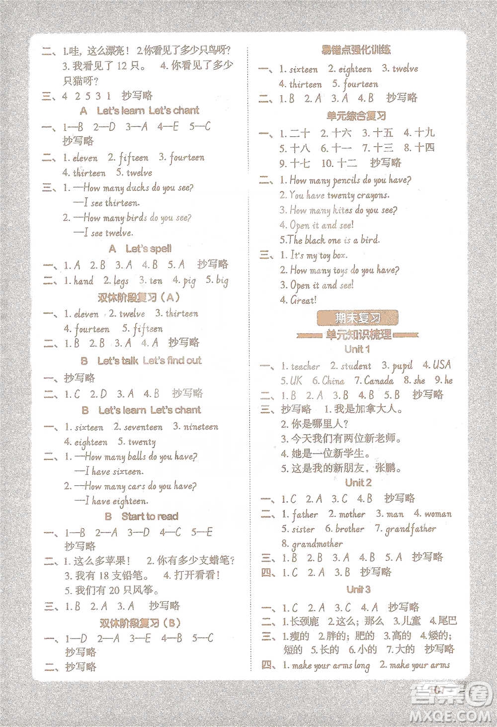 江西教育出版社2021陽光同學默寫小達人三年級英語下冊人教版參考答案