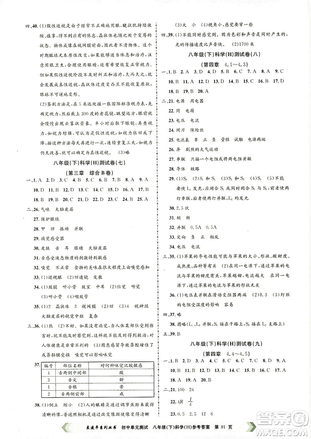 浙江工商大學出版社2021孟建平系列叢書初中單元測試科學八年級下H華師版答案