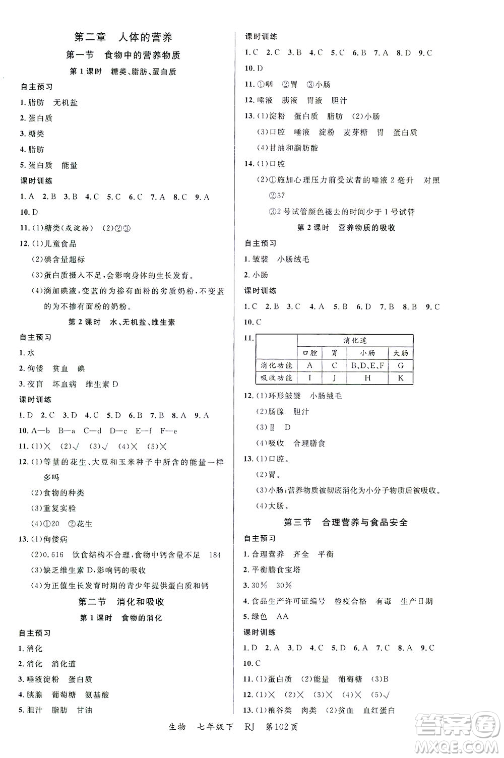 延邊大學(xué)出版社2021一線課堂七年級(jí)生物下冊(cè)人教版答案