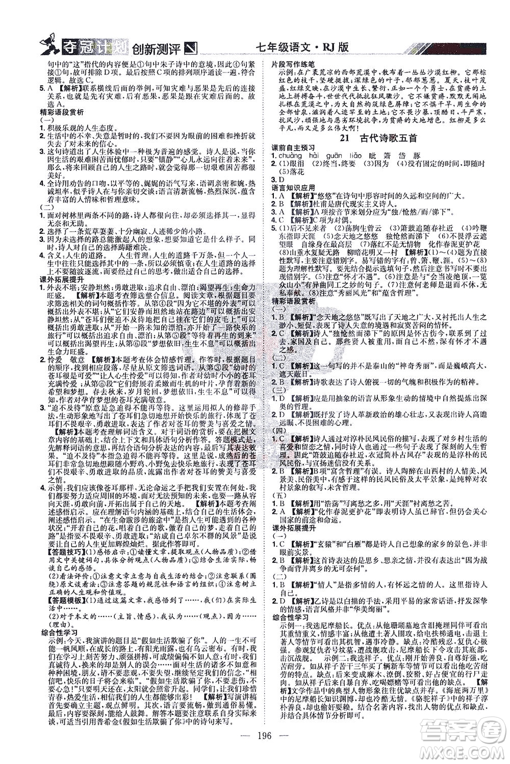 江西美術出版社2021奪冠計劃語文七年級下冊RJ人教版江西專版答案