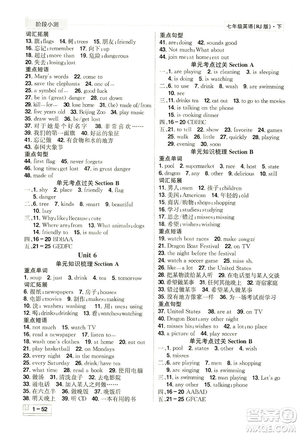 江西美術(shù)出版社2021奪冠計(jì)劃階段小測英語七年級下冊RJ人教版江西專版答案