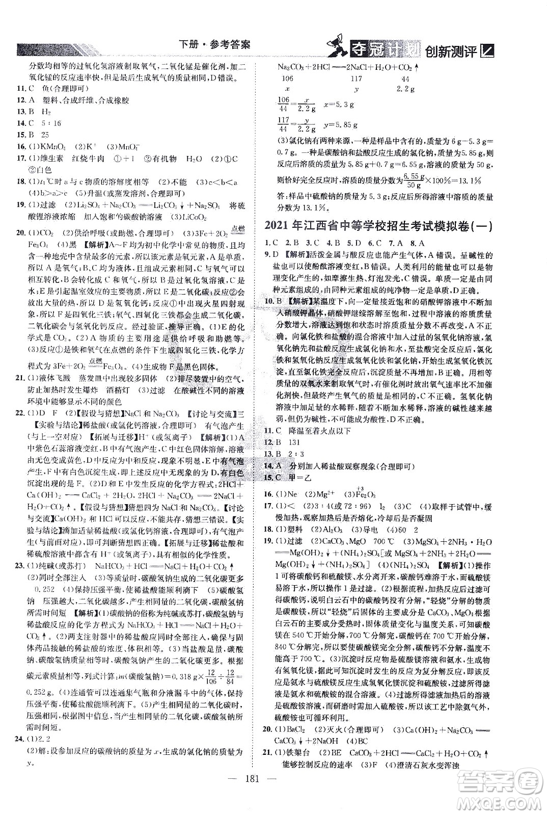 江西美術(shù)出版社2021奪冠計(jì)劃化學(xué)九年級下冊RJ人教版江西專版答案