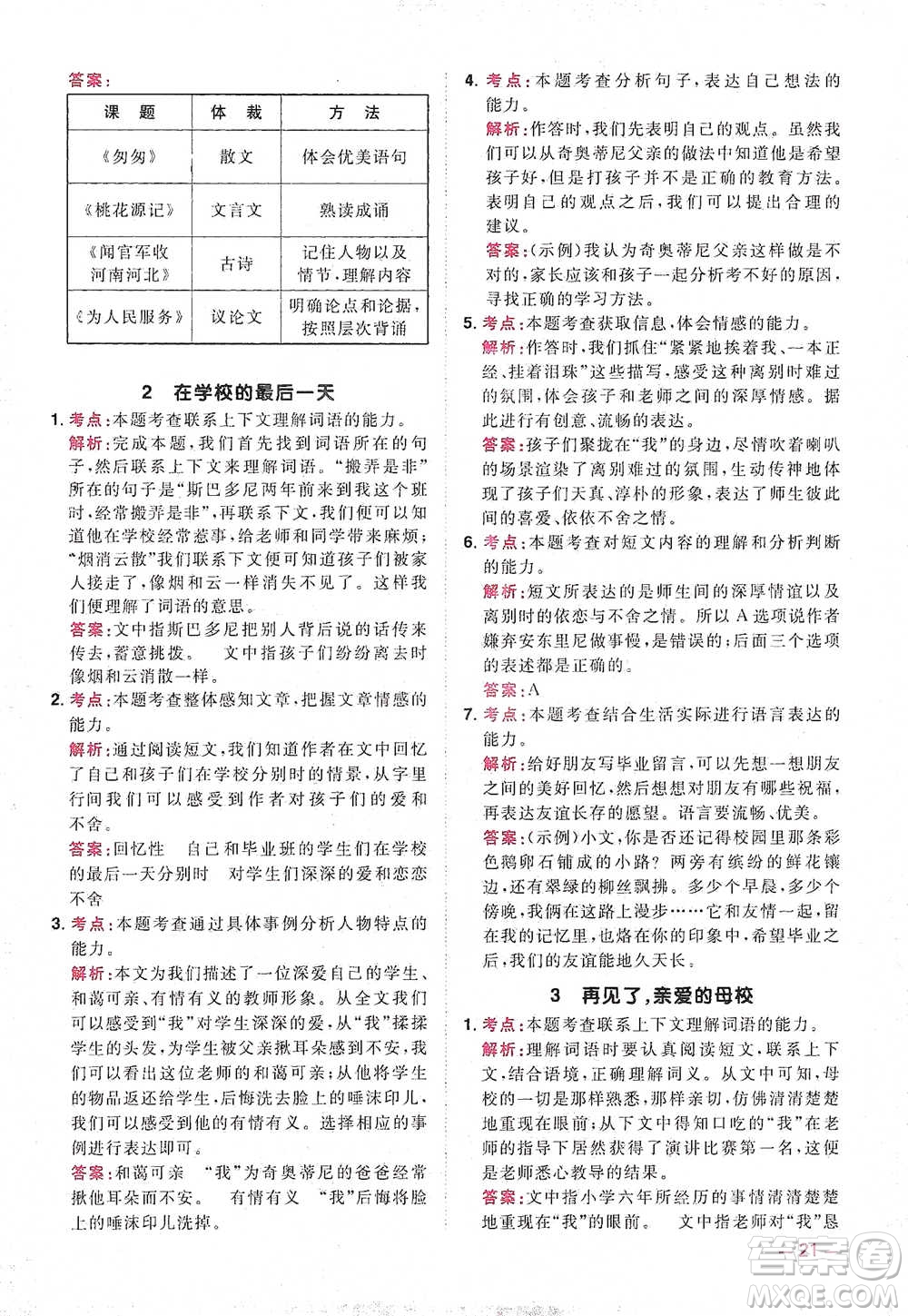 江西教育出版社2021陽光同學(xué)同步閱讀素養(yǎng)測試六年級下冊語文人教版參考答案