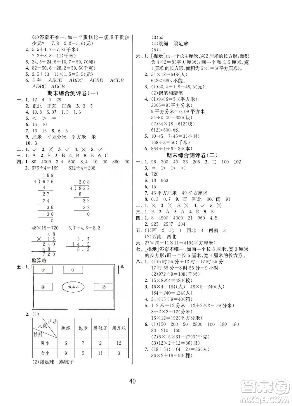 江蘇人民出版社2021年1課3練單元達(dá)標(biāo)測試三年級(jí)下冊數(shù)學(xué)人教版參考答案