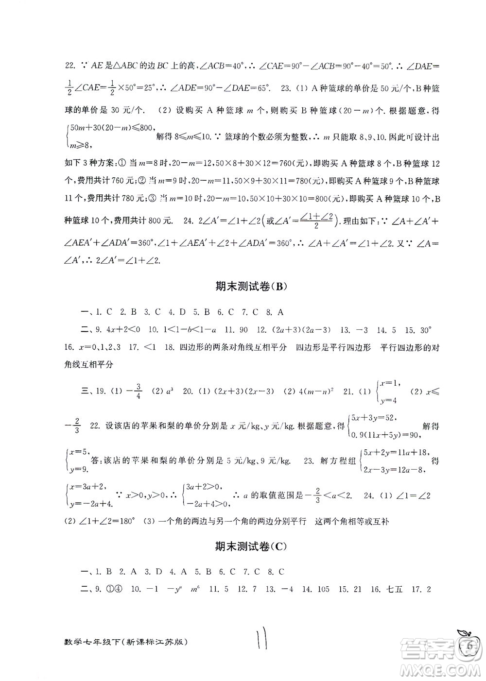 東南大學出版社2021江蘇密卷數(shù)學七年級下冊新課標江蘇版答案